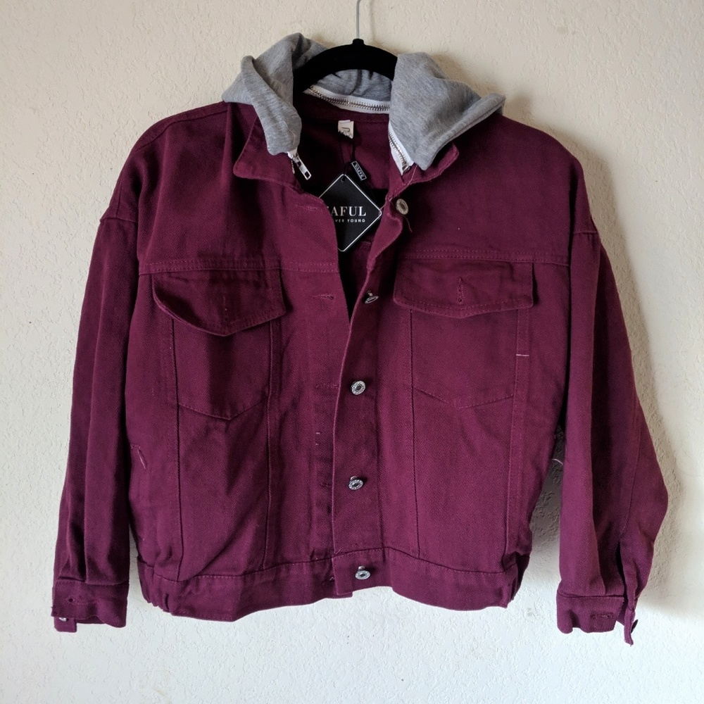 BRAND NEW Zaful Wine Red Jean Jacket Hoodie